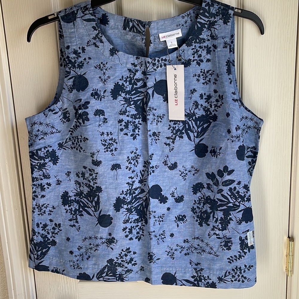NWT LIZ CLAIBORNE BLUE/NAVY PRINT SLEEVELESS TANK STYLE BLOUSE - Picture 3 of 7